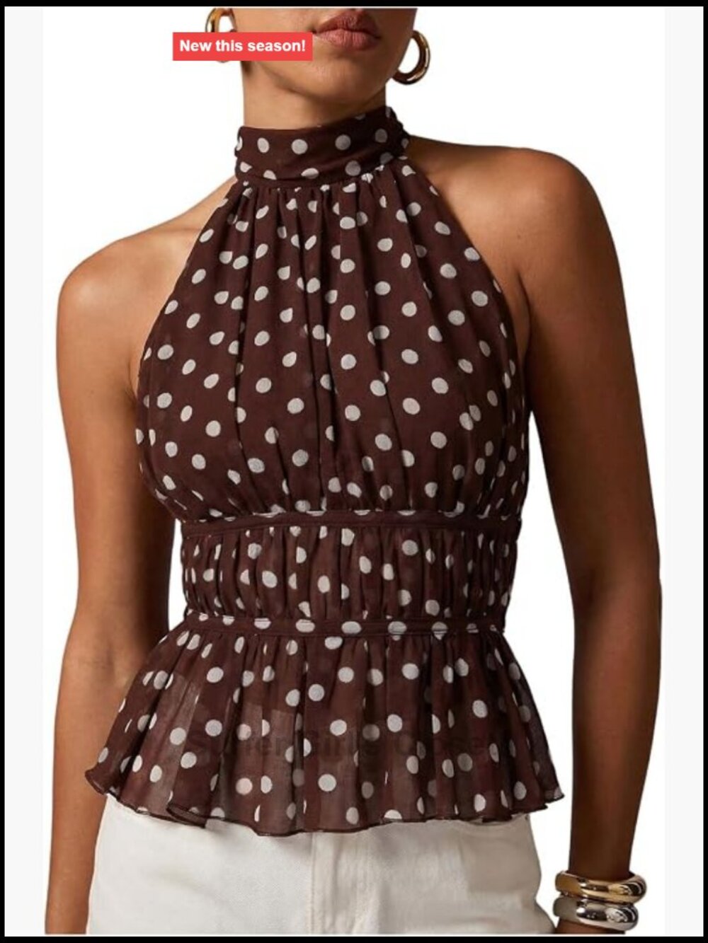 Polka Dot Chiffon Halter Top Tie Backless Sleeveless Ruffle Hem Women's Blouse